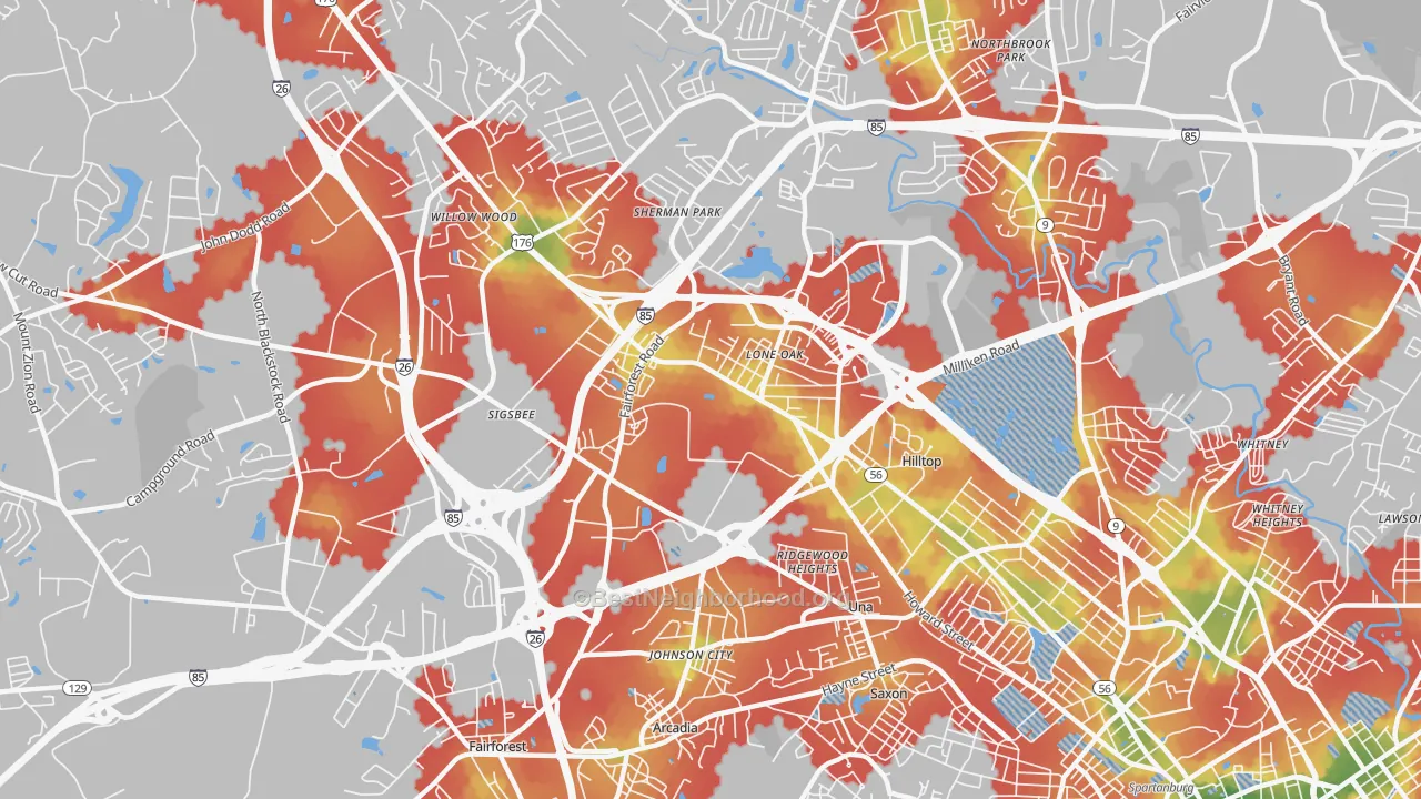 Walk Grade map of Southern Shops, SC, walkable areas in green and car-dependent areas in red