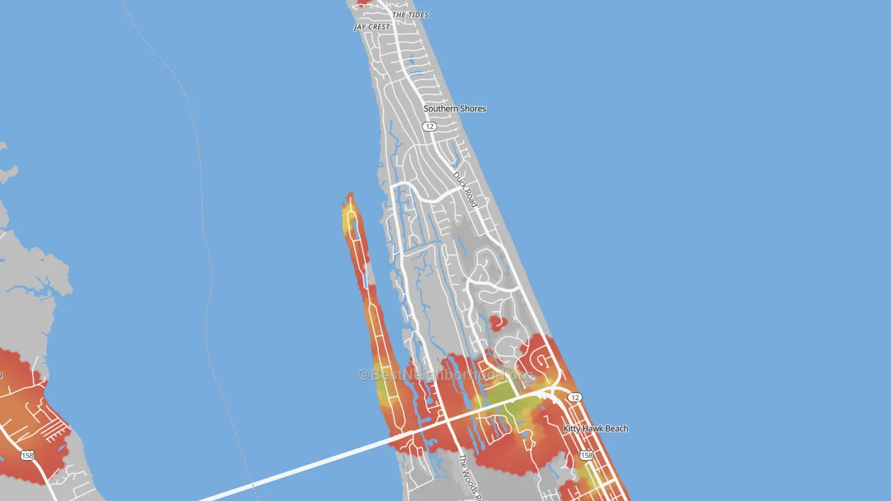 Walk Grade map of Southern Shores, NC, walkable areas in green and car-dependent areas in red