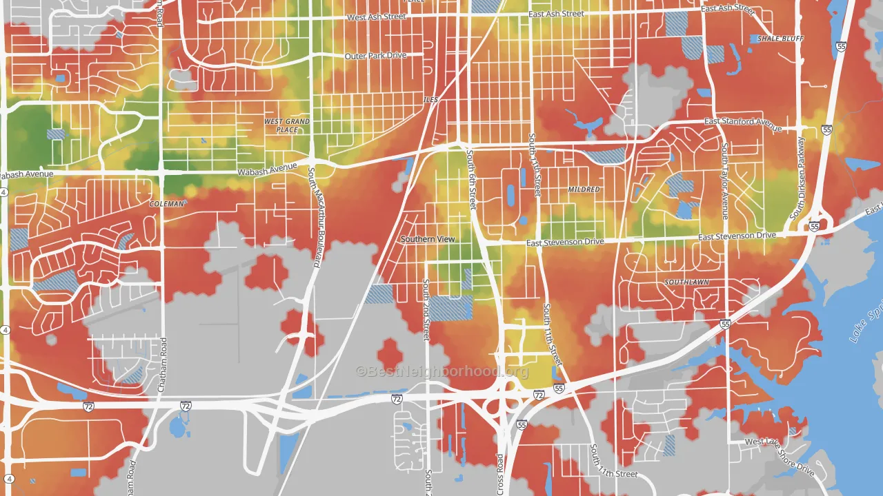 Walk Grade map of Southern View, IL, walkable areas in green and car-dependent areas in red
