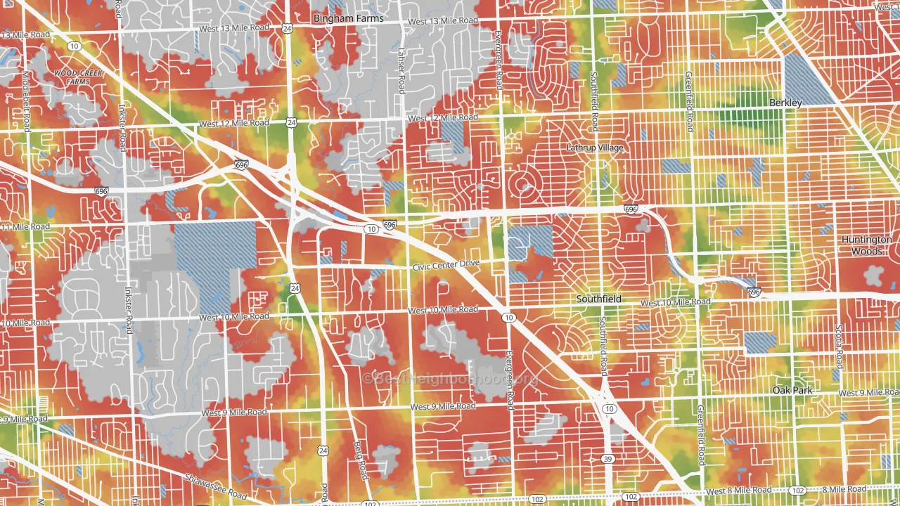 Walk Grade map of Southfield, MI, walkable areas in green and car-dependent areas in red