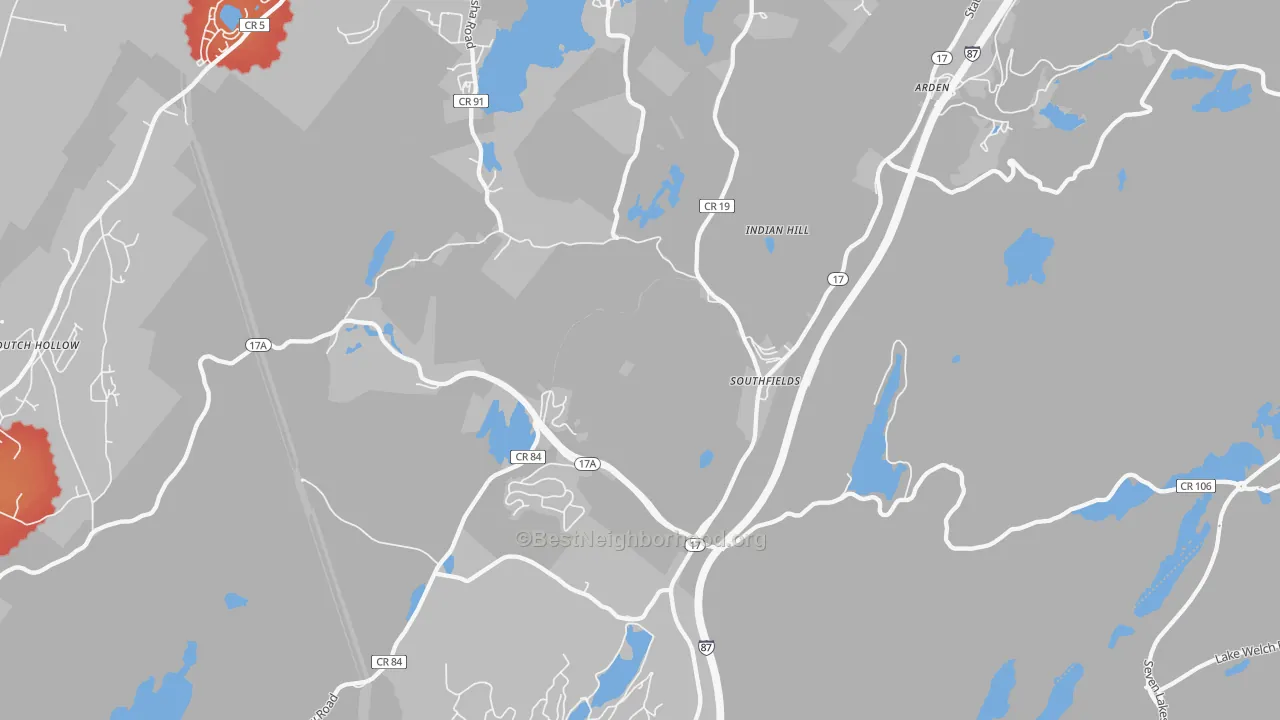 Walk Grade map of Southfields, NY, walkable areas in green and car-dependent areas in red