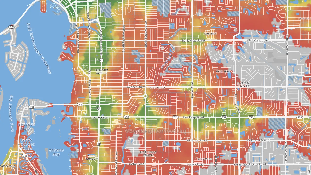 Walk Grade map of Southgate, FL, walkable areas in green and car-dependent areas in red