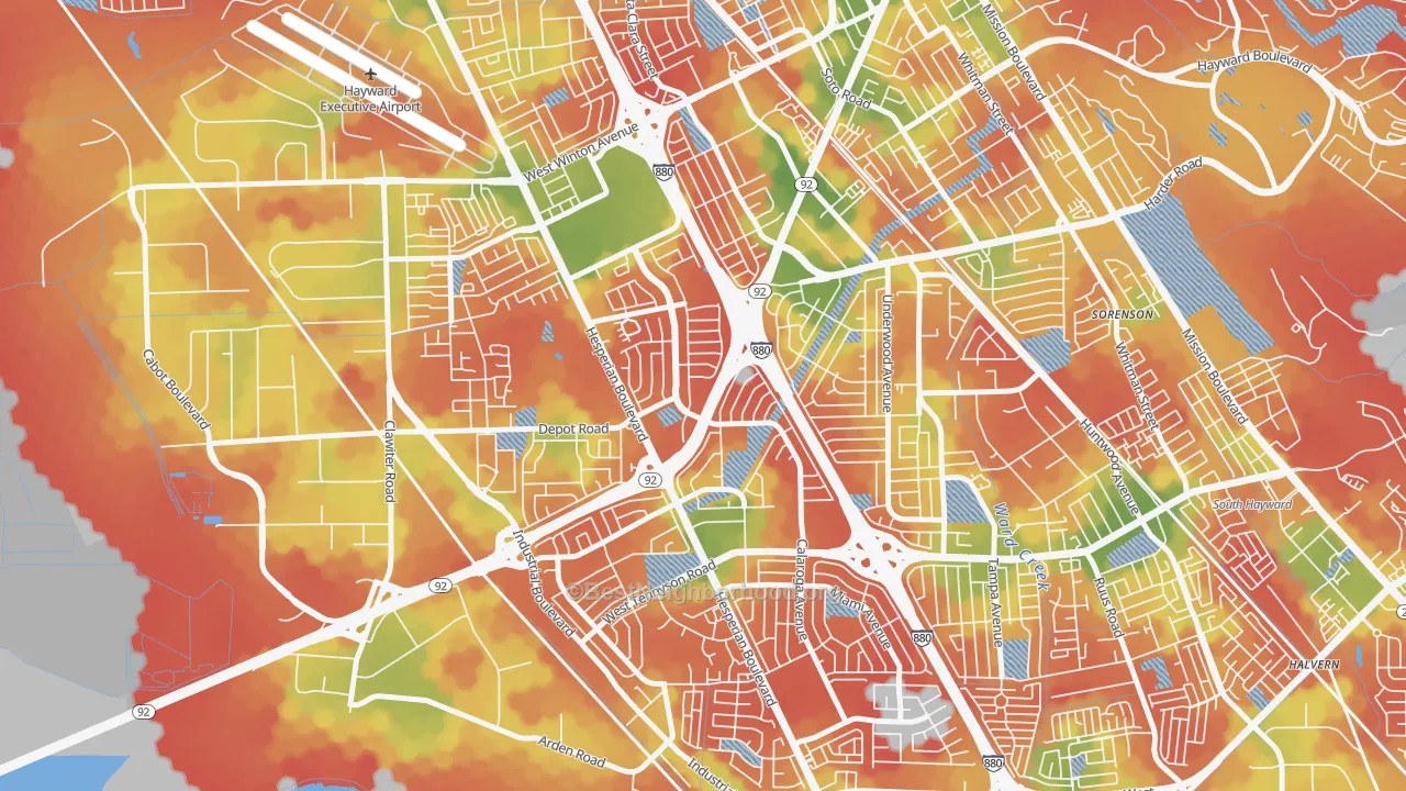 Walk Grade map of Southgate, Hayward, CA, walkable areas in green and car-dependent areas in red