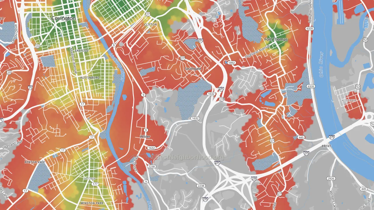 Walk Grade map of Southgate, KY, walkable areas in green and car-dependent areas in red
