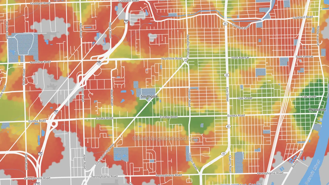 Walk Grade map of Southgate, MI, walkable areas in green and car-dependent areas in red