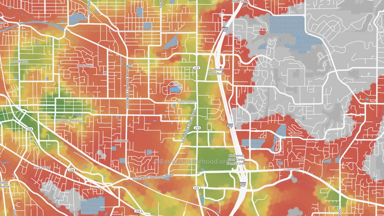 Walk Grade map of Southgate, Portland, OR, walkable areas in green and car-dependent areas in red