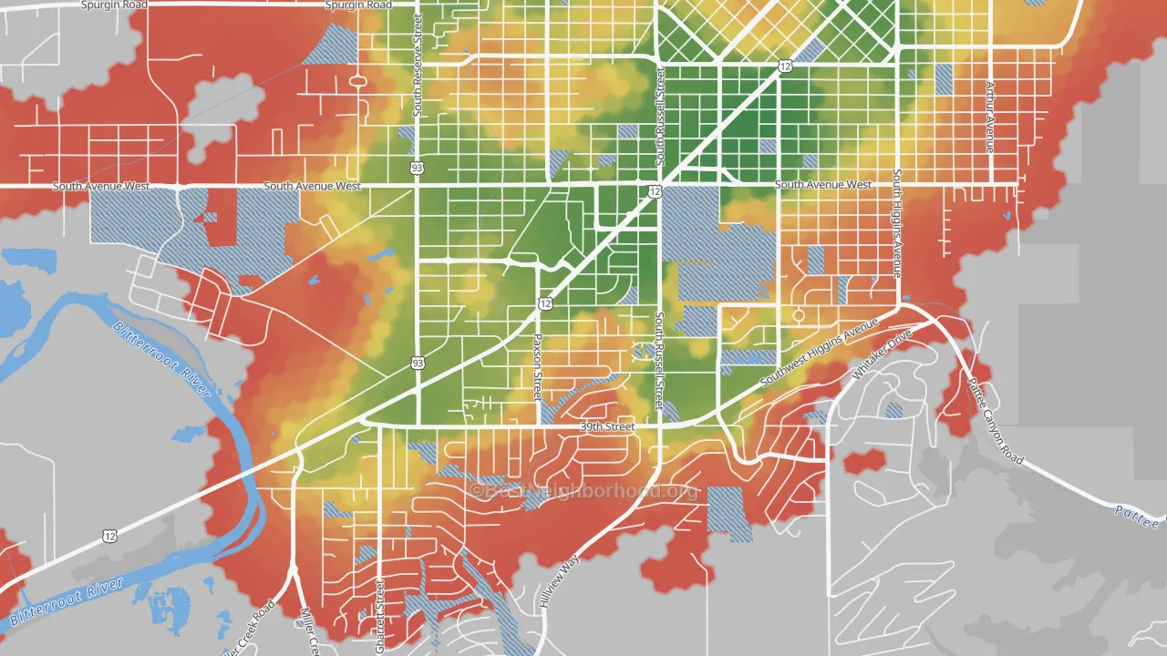 Walk Grade map of Southgate Triangle, Missoula, MT, walkable areas in green and car-dependent areas in red
