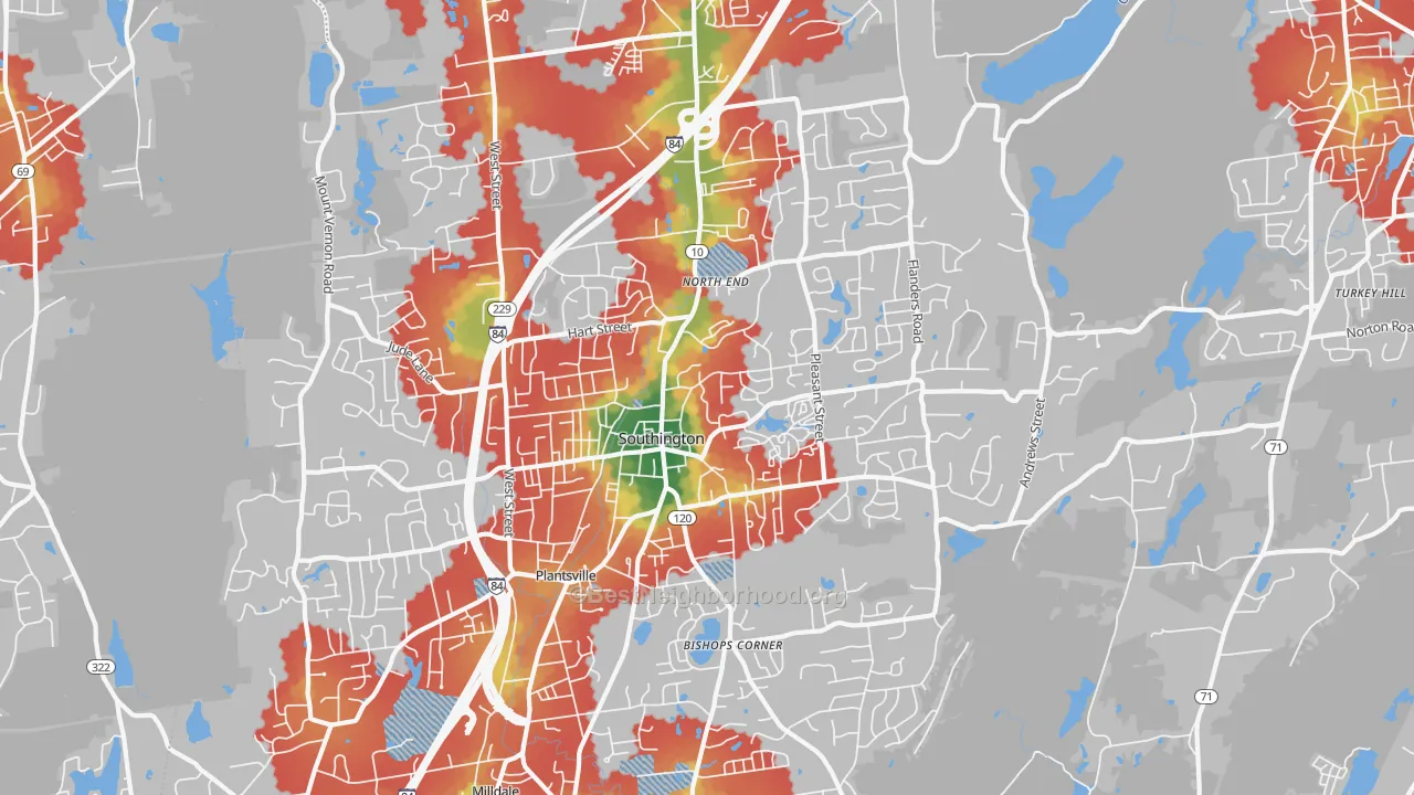Walk Grade map of Southington, CT, walkable areas in green and car-dependent areas in red