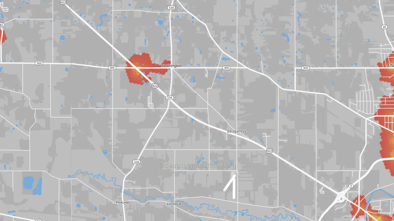 Walk Grade map of Southington, OH, walkable areas in green and car-dependent areas in red
