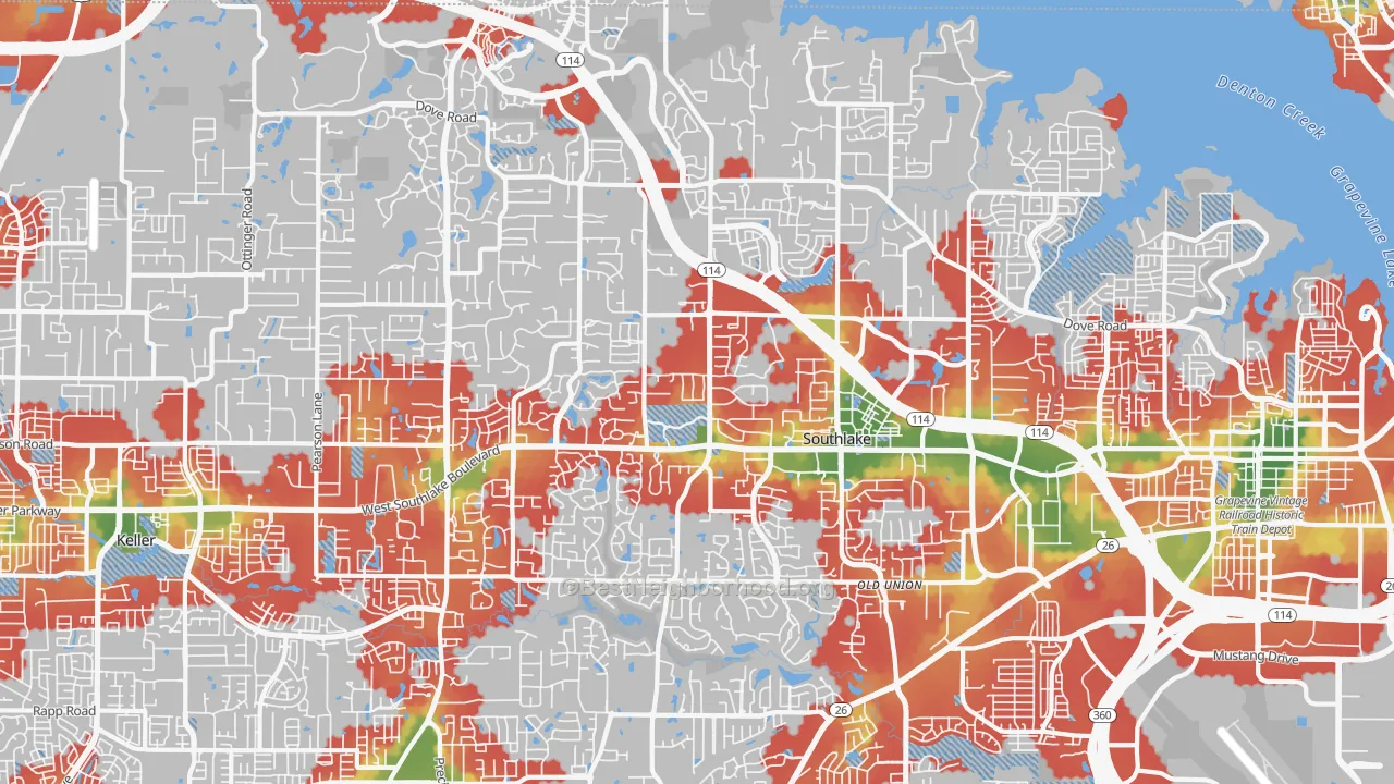 Walk Grade map of Southlake, TX, walkable areas in green and car-dependent areas in red
