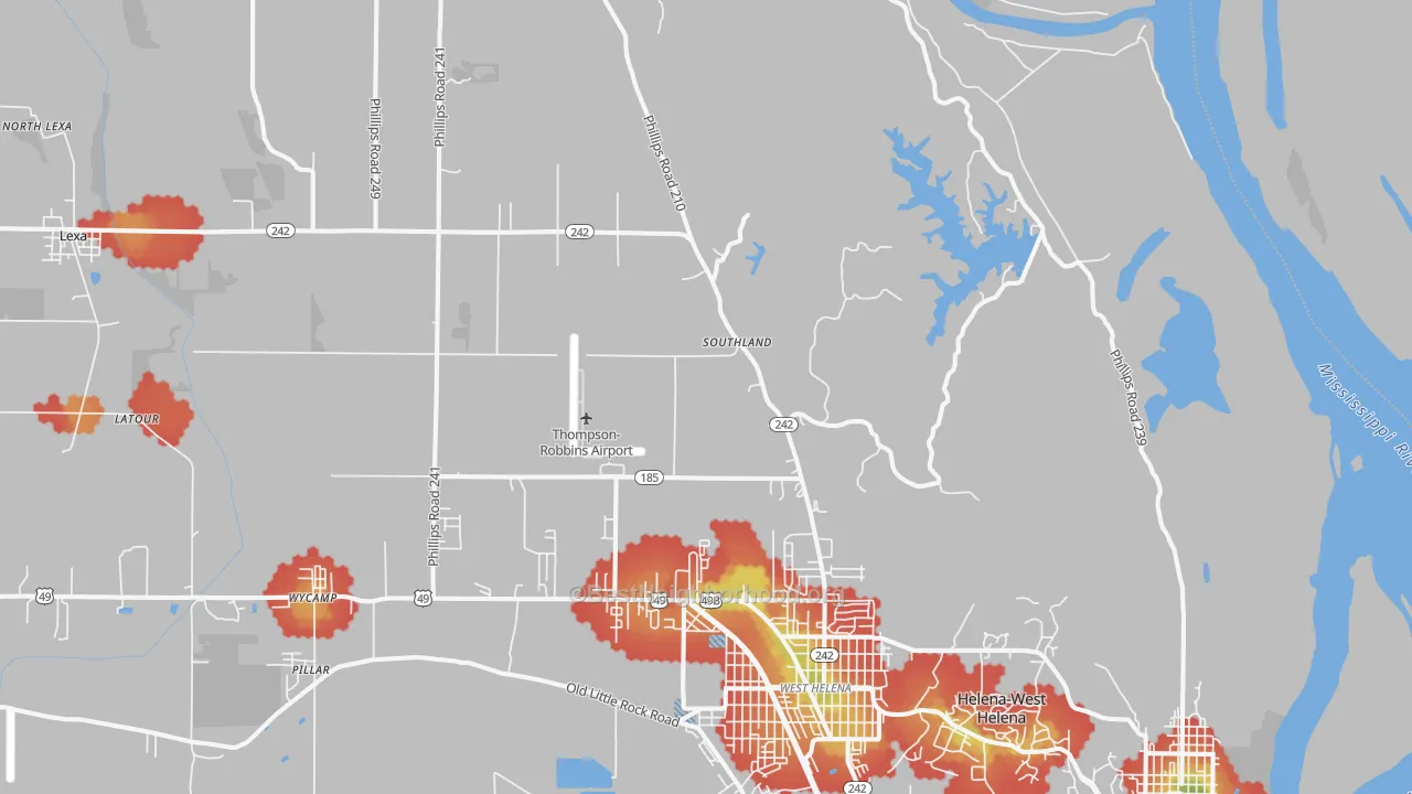 Walk Grade map of Southland, AR, walkable areas in green and car-dependent areas in red