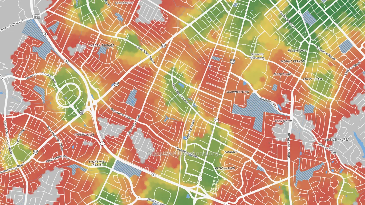 Walk Grade map of Southland Deerfield Open Gates, Lexington, KY, walkable areas in green and car-dependent areas in red