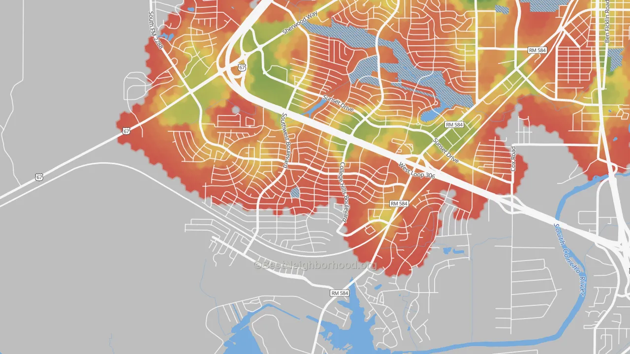 Walk Grade map of Southland, San Angelo, TX, walkable areas in green and car-dependent areas in red