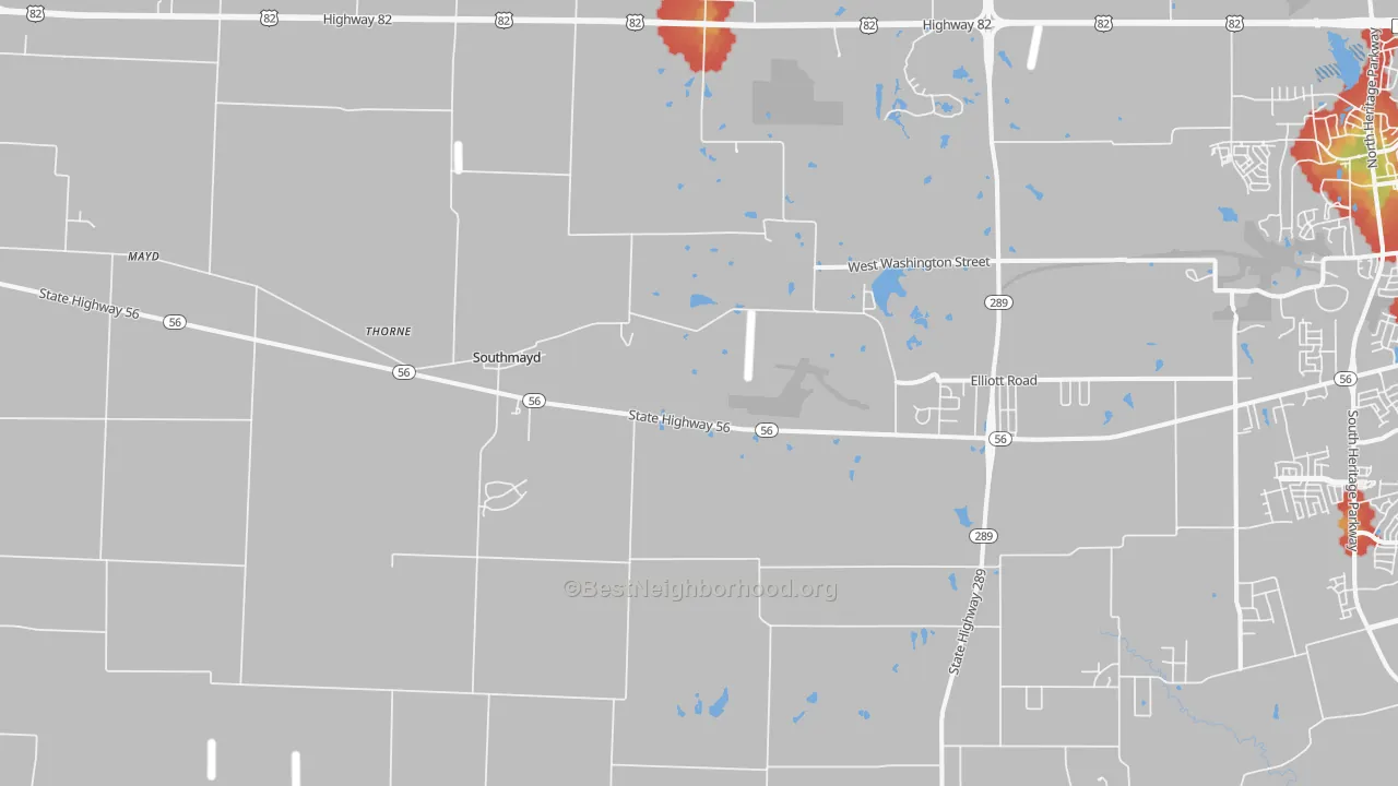 Walk Grade map of Southmayd, TX, walkable areas in green and car-dependent areas in red