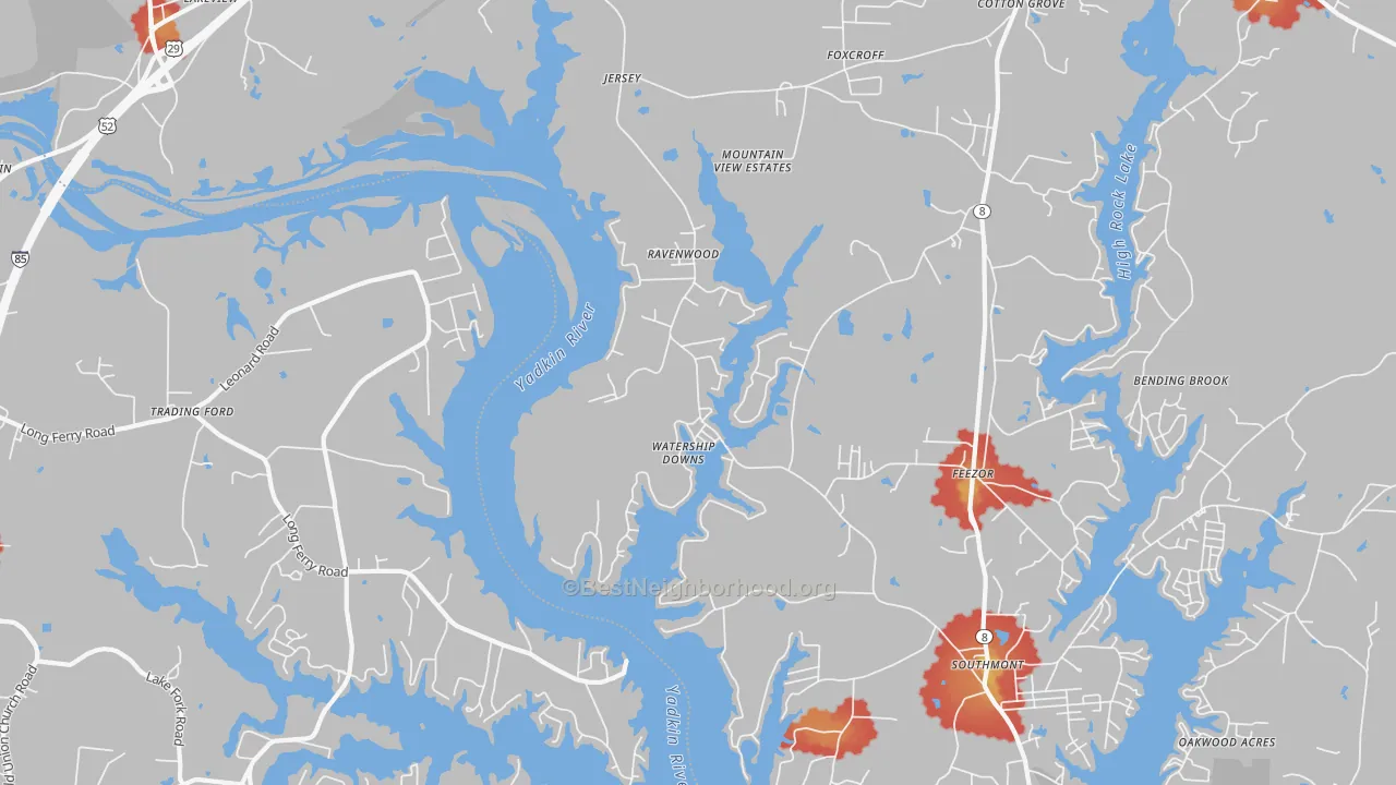 Walk Grade map of Southmont, NC, walkable areas in green and car-dependent areas in red