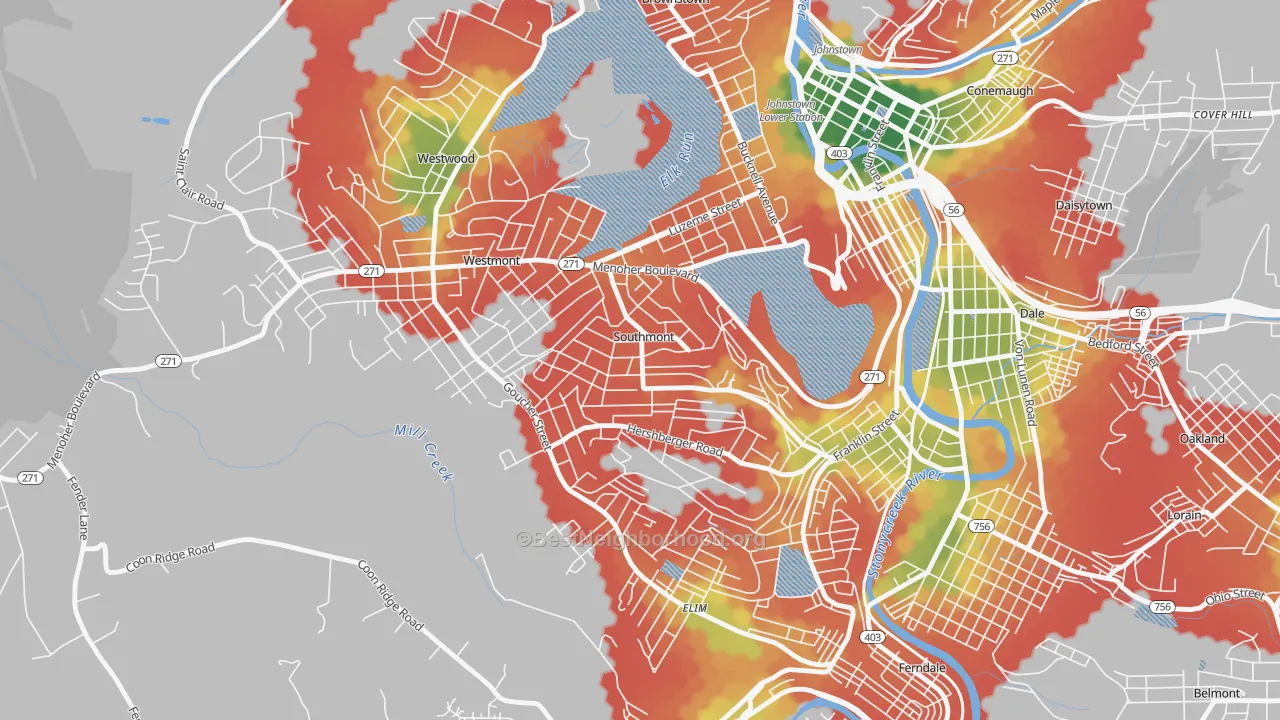 Walk Grade map of Southmont, PA, walkable areas in green and car-dependent areas in red