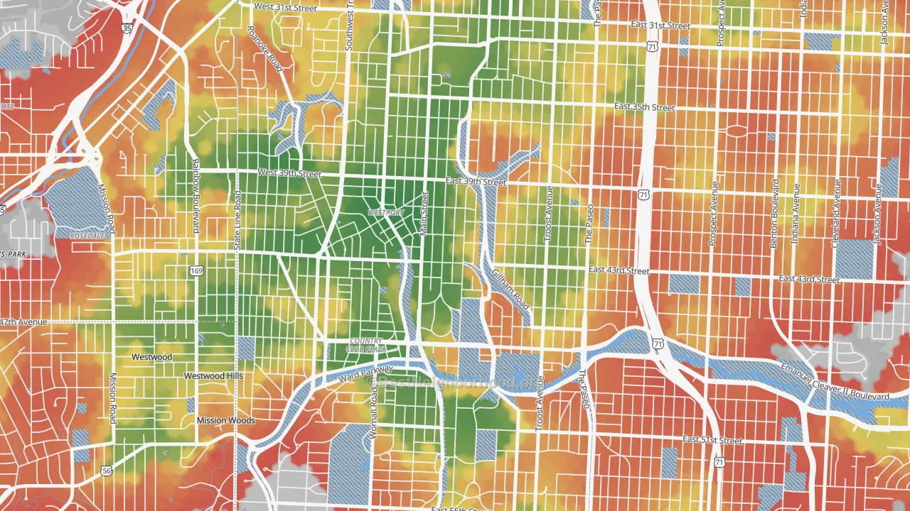 Walk Grade map of Southmoreland, Kansas City, MO, walkable areas in green and car-dependent areas in red