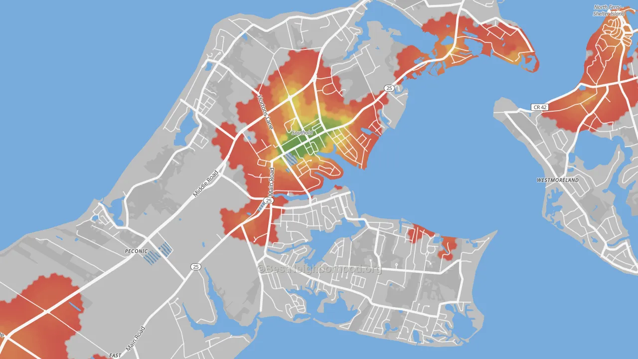 Walk Grade map of Southold, NY, walkable areas in green and car-dependent areas in red