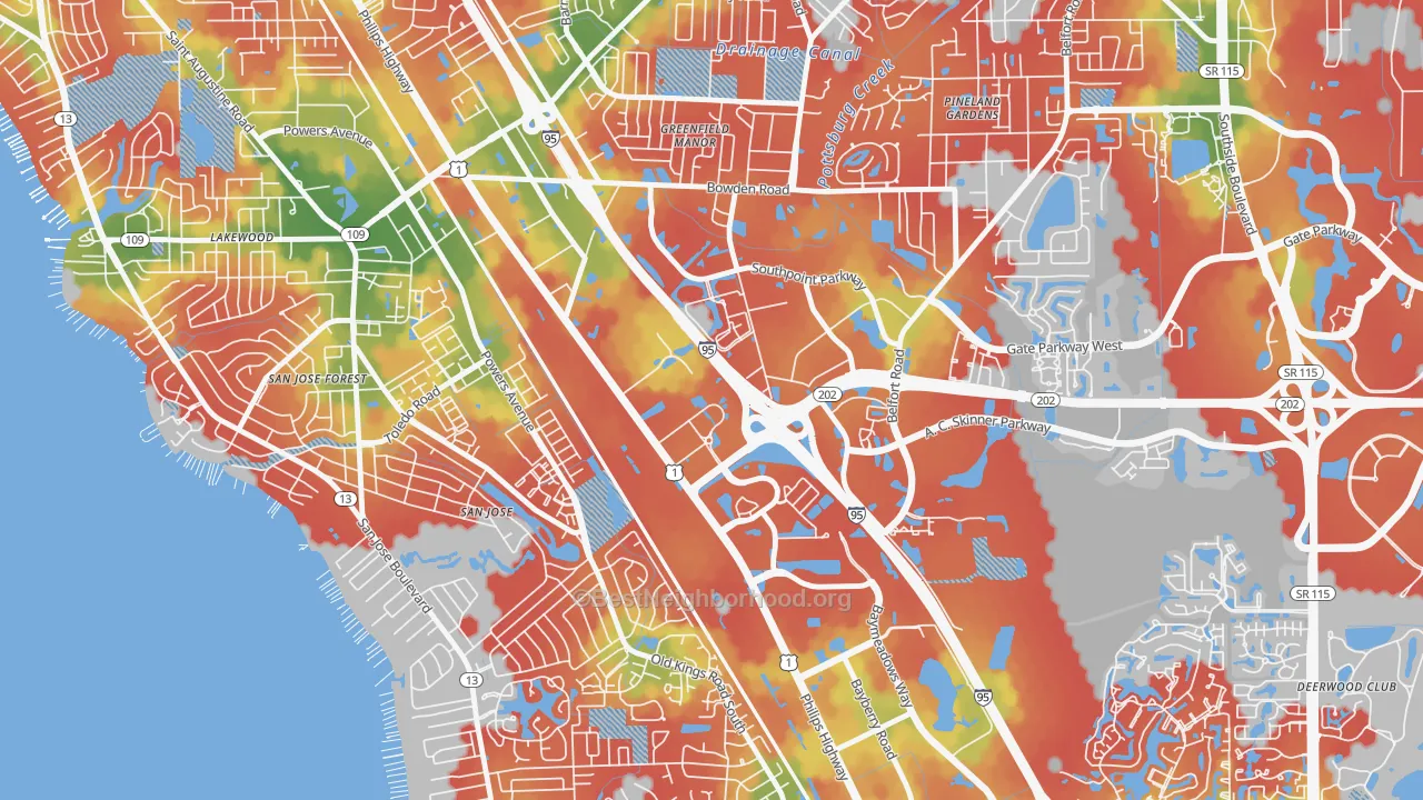 Walk Grade map of Southpoint, Jacksonville, FL, walkable areas in green and car-dependent areas in red