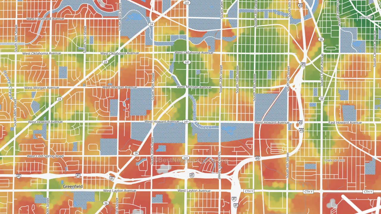Walk Grade map of Southpoint, Milwaukee, WI, walkable areas in green and car-dependent areas in red