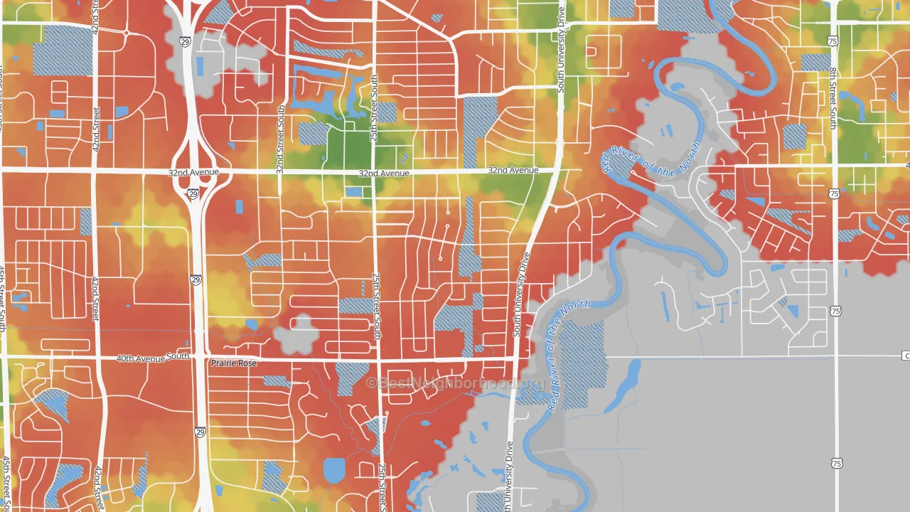 Walk Grade map of Southpointe, Fargo, ND, walkable areas in green and car-dependent areas in red