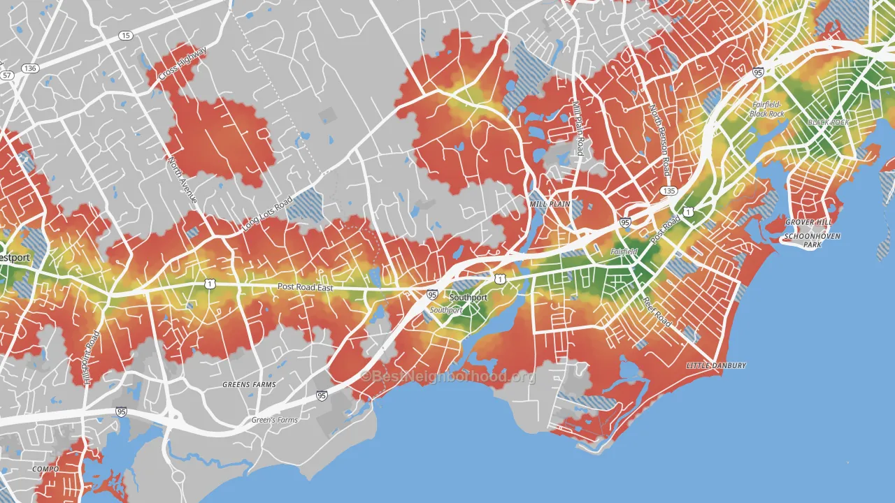 Walk Grade map of Southport, CT, walkable areas in green and car-dependent areas in red