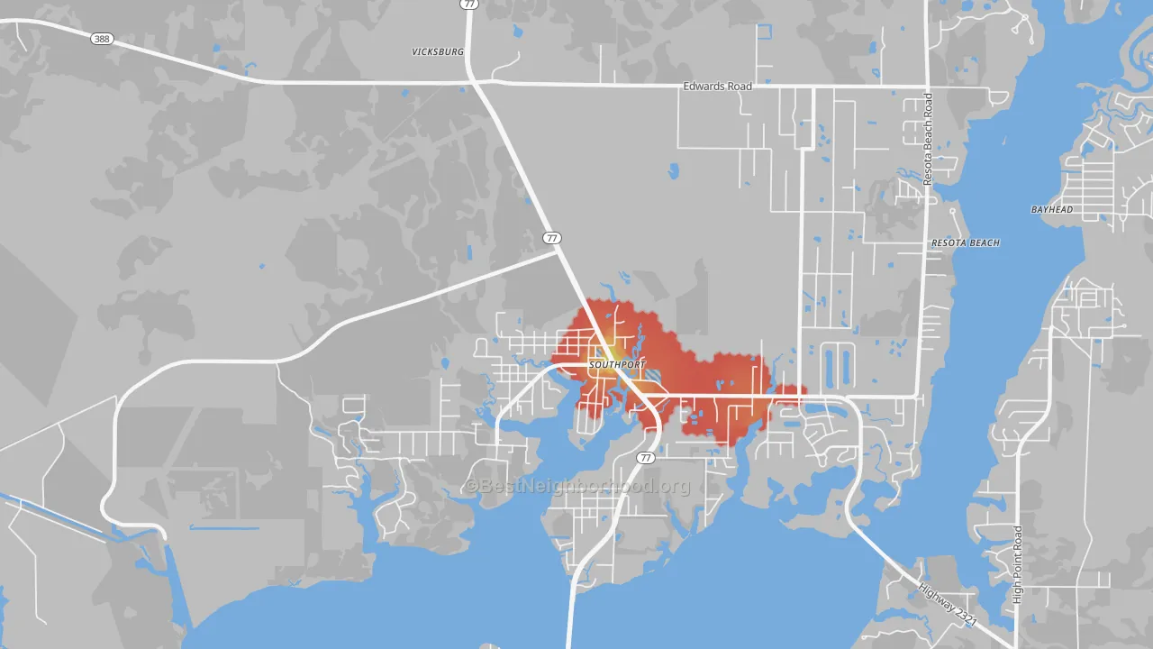 Walk Grade map of Southport, FL, walkable areas in green and car-dependent areas in red