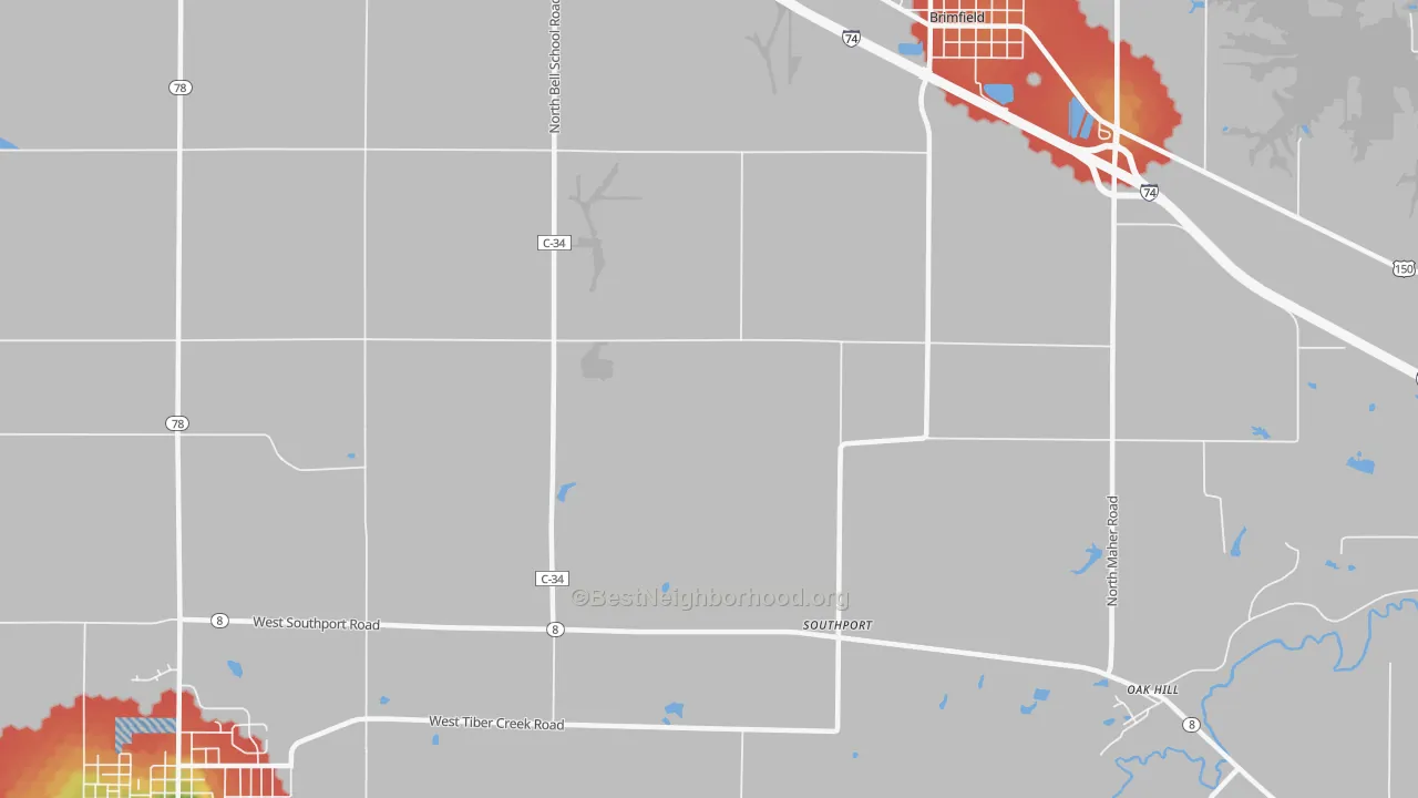 Walk Grade map of Southport, IL, walkable areas in green and car-dependent areas in red