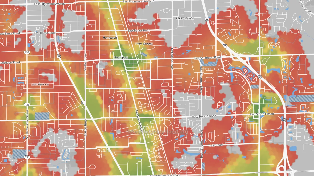 Walk Grade map of Southport, IN, walkable areas in green and car-dependent areas in red