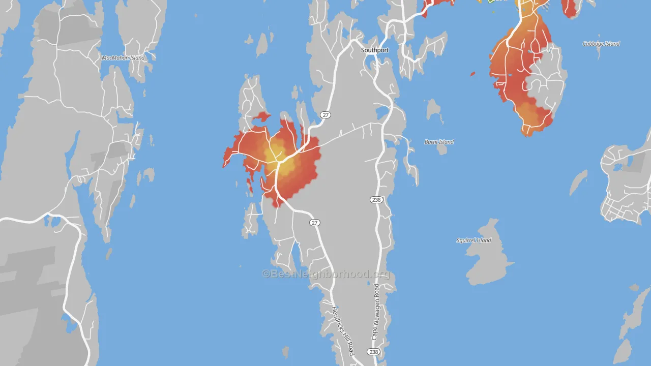 Walk Grade map of Southport, ME, walkable areas in green and car-dependent areas in red