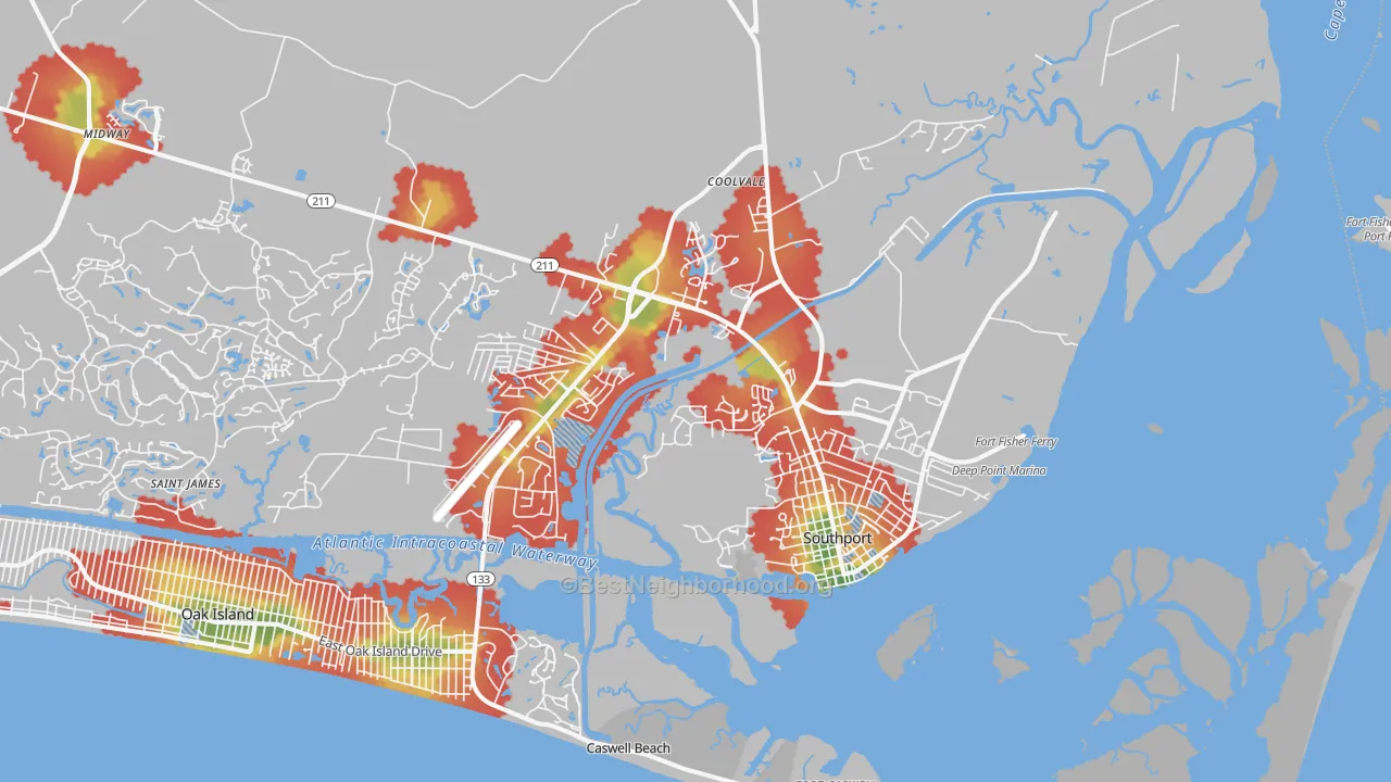 Walk Grade map of Southport, NC, walkable areas in green and car-dependent areas in red