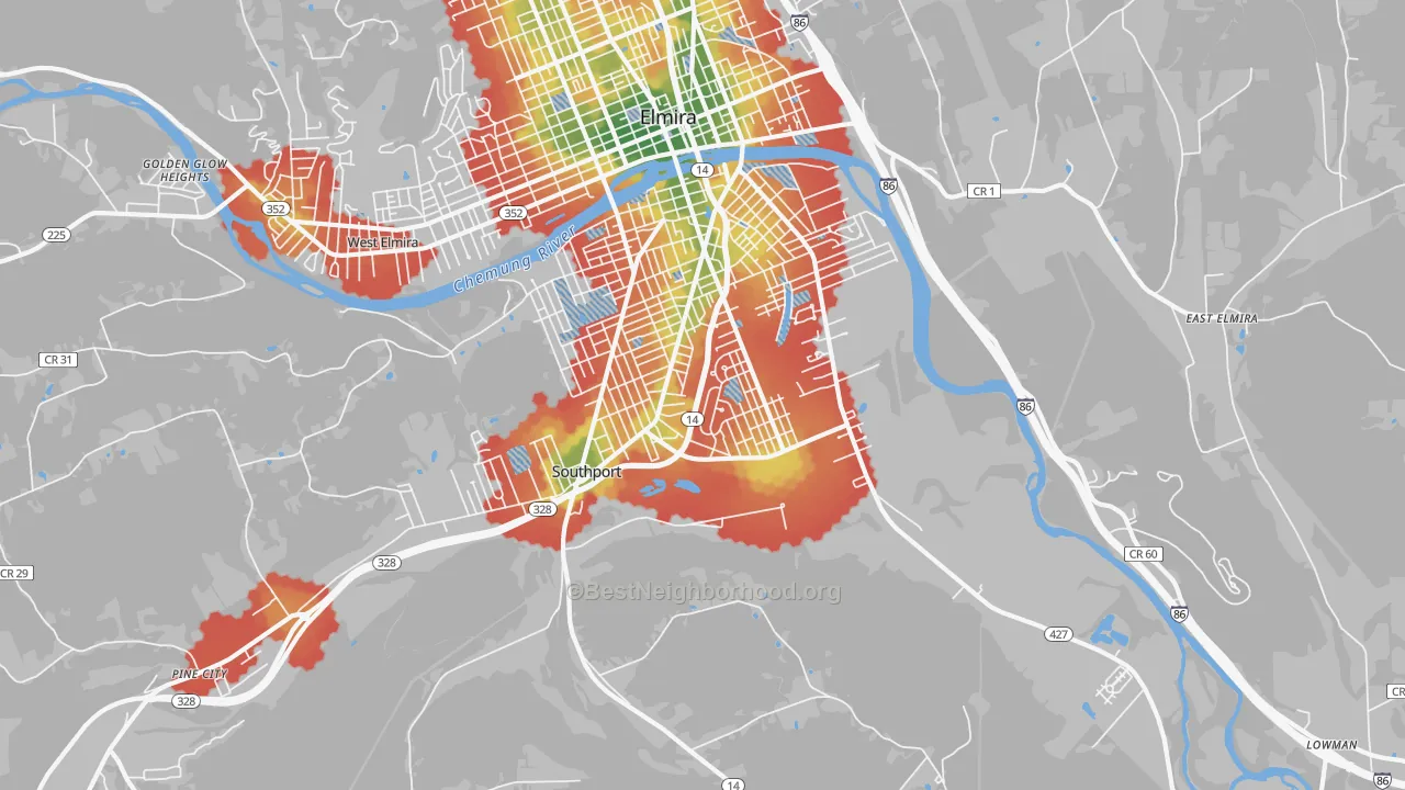 Walk Grade map of Southport, NY, walkable areas in green and car-dependent areas in red