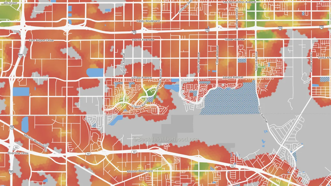 Walk Grade map of Southridge Village, Fontana, CA, walkable areas in green and car-dependent areas in red
