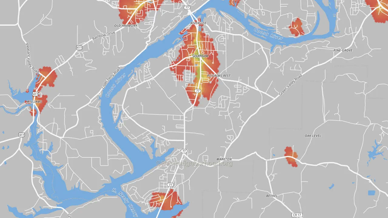 Walk Grade map of Southside, AL, walkable areas in green and car-dependent areas in red