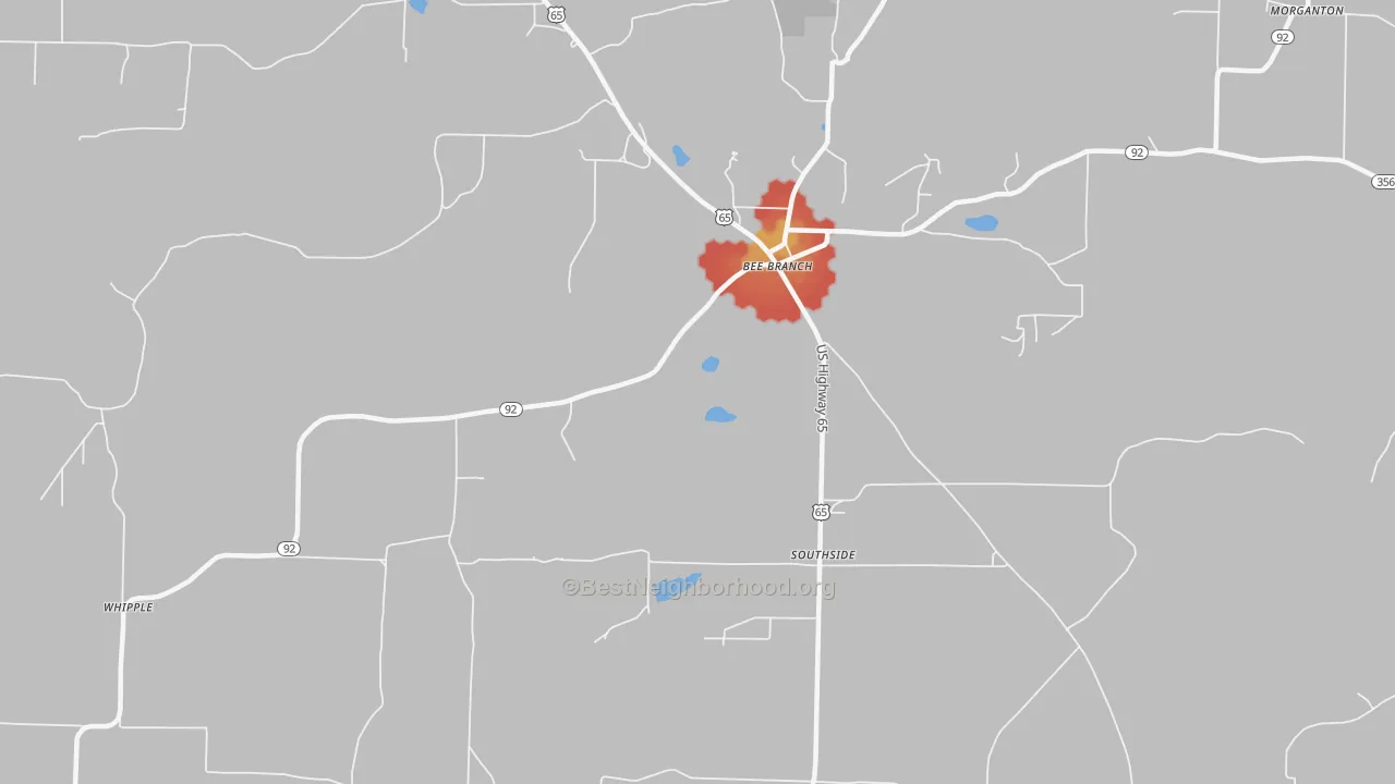 Walk Grade map of Southside, AR, walkable areas in green and car-dependent areas in red