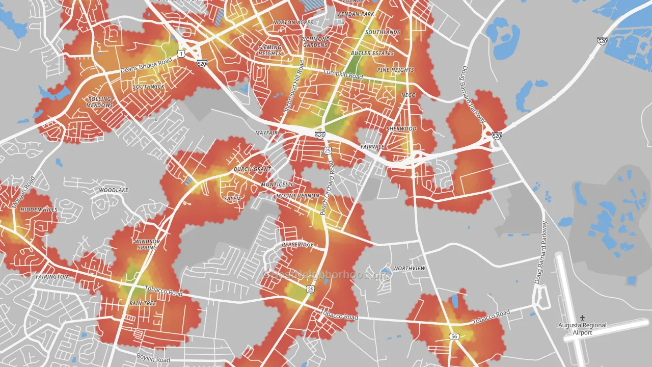 Walk Grade map of Southside, Augusta, GA, walkable areas in green and car-dependent areas in red