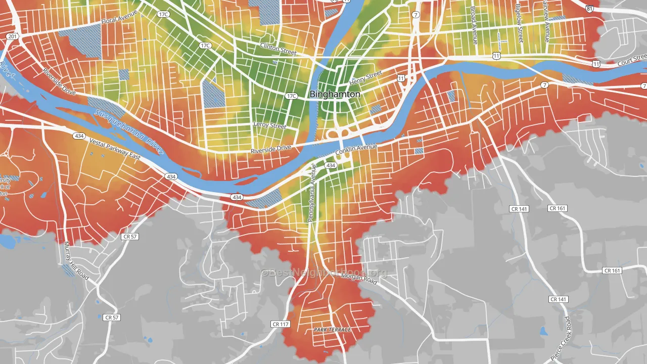 Walk Grade map of Southside, Binghamton, NY, walkable areas in green and car-dependent areas in red