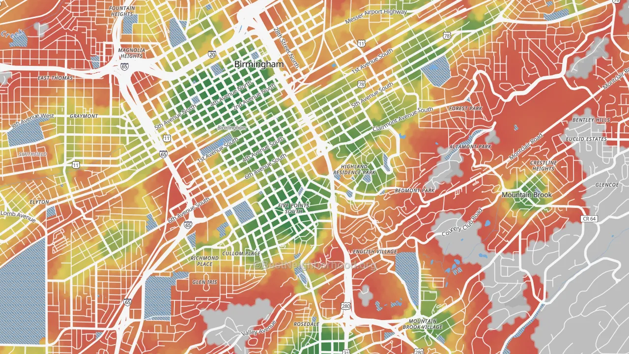 Walk Grade map of Southside, Birmingham, AL, walkable areas in green and car-dependent areas in red