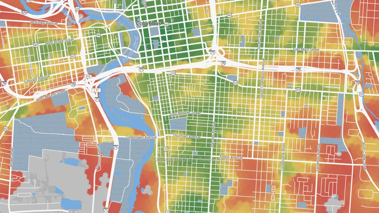 Walk Grade map of Southside Columbus, Columbus, OH, walkable areas in green and car-dependent areas in red