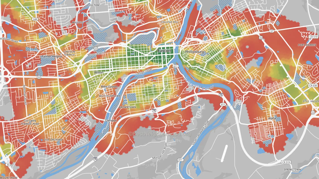 Walk Grade map of Southside, Easton, PA, walkable areas in green and car-dependent areas in red