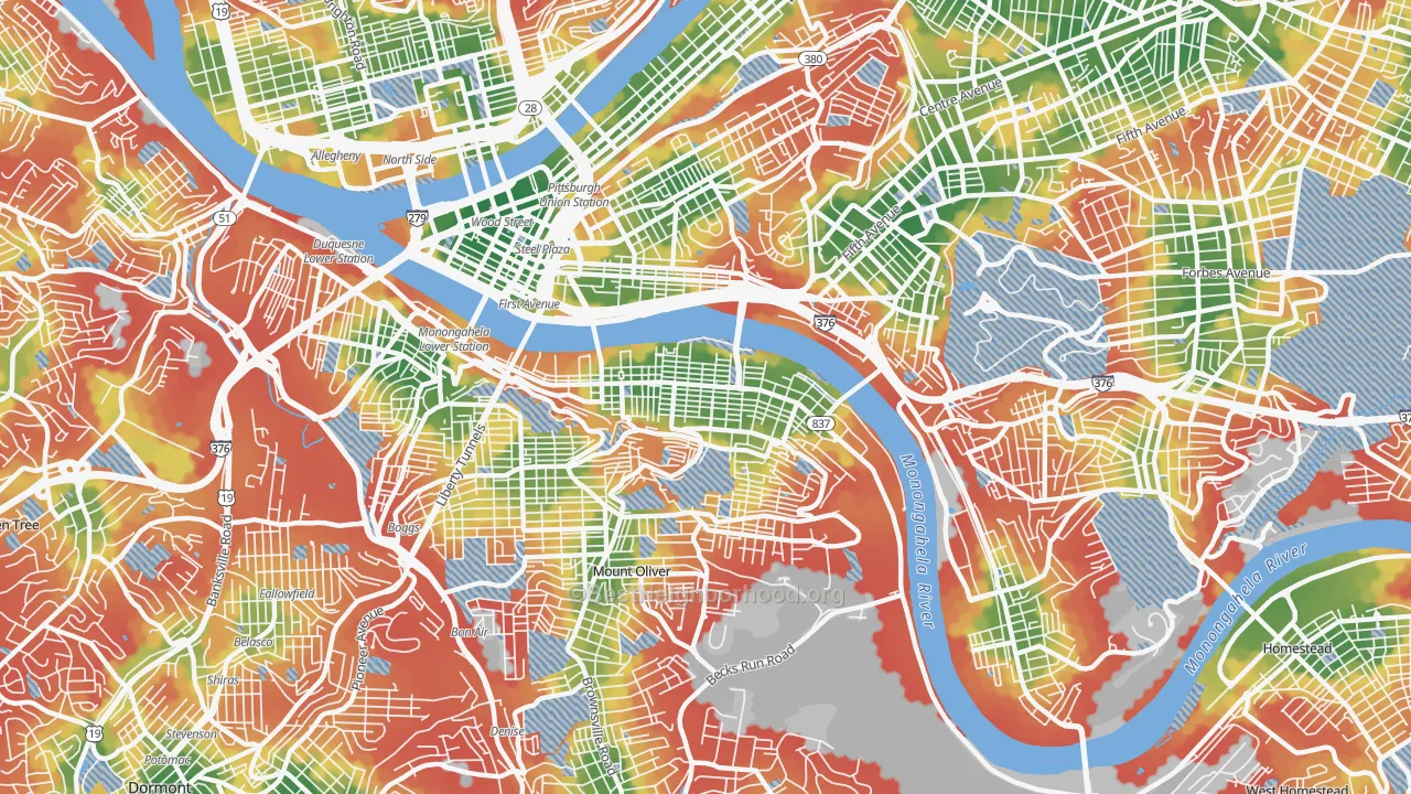 Walk Grade map of Southside Flats, Pittsburgh, PA, walkable areas in green and car-dependent areas in red