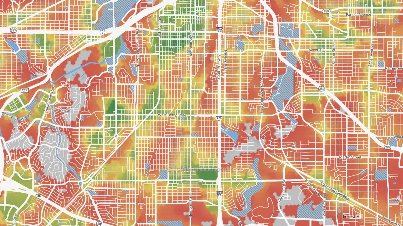 Walk Grade map of Southside, Fort Worth, TX, walkable areas in green and car-dependent areas in red