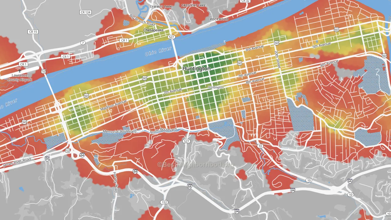 Walk Grade map of Southside, Huntington, WV, walkable areas in green and car-dependent areas in red