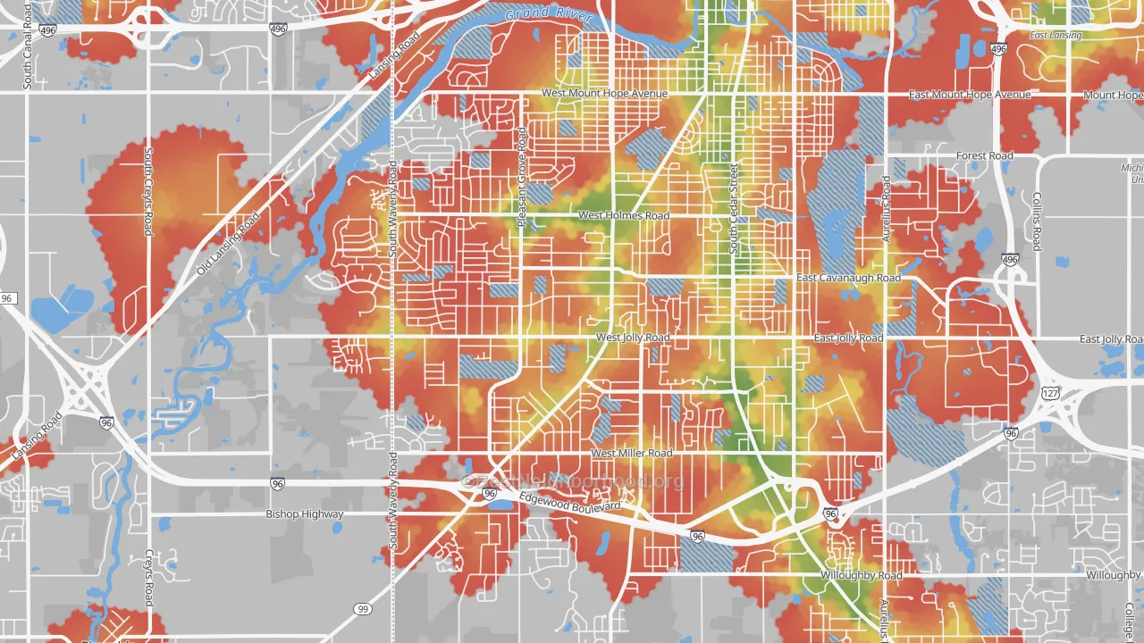 Walk Grade map of Southside, Lansing, MI, walkable areas in green and car-dependent areas in red