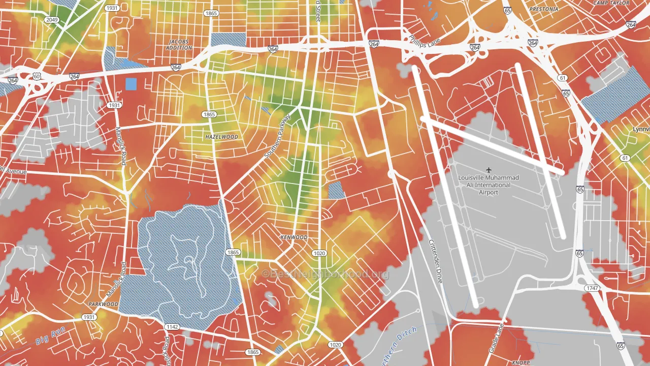 Walk Grade map of Southside, Louisville, KY, walkable areas in green and car-dependent areas in red
