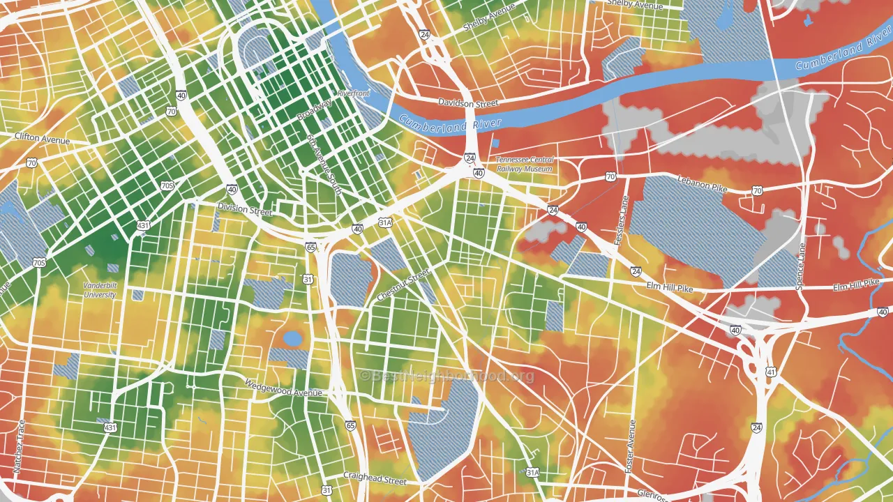 Walk Grade map of Southside, Nashville, TN, walkable areas in green and car-dependent areas in red