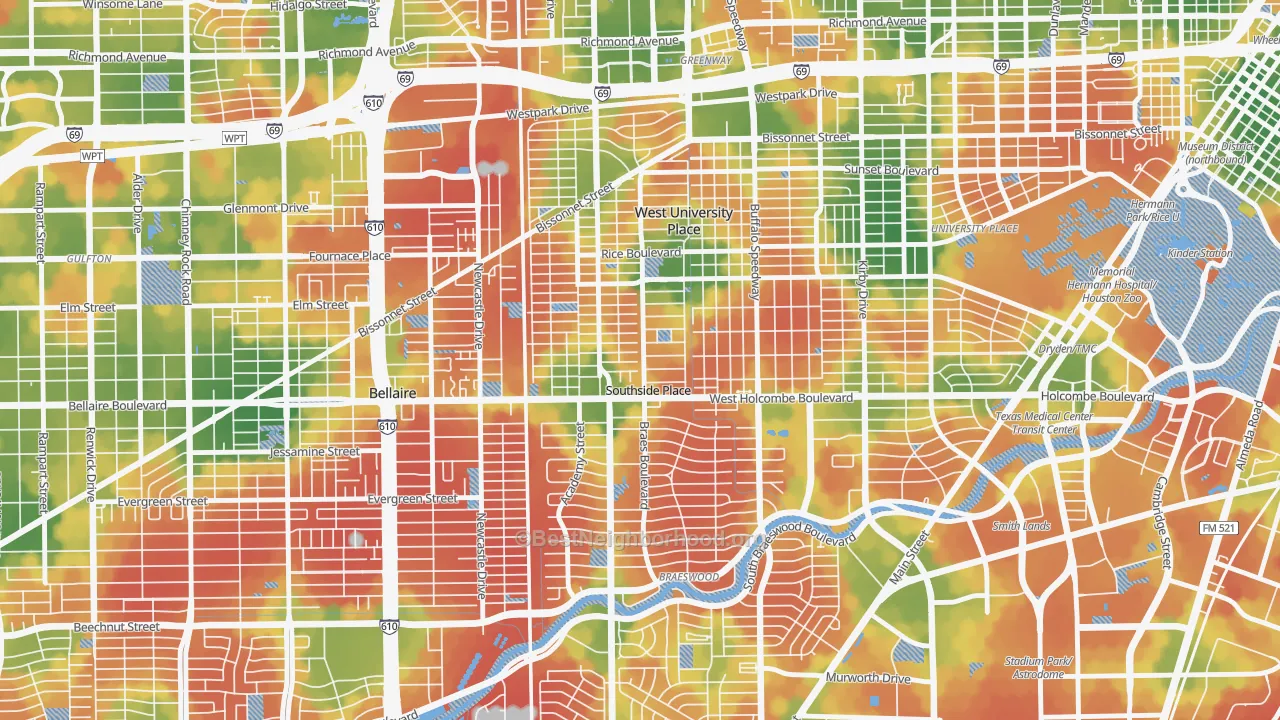 Walk Grade map of Southside Place, TX, walkable areas in green and car-dependent areas in red