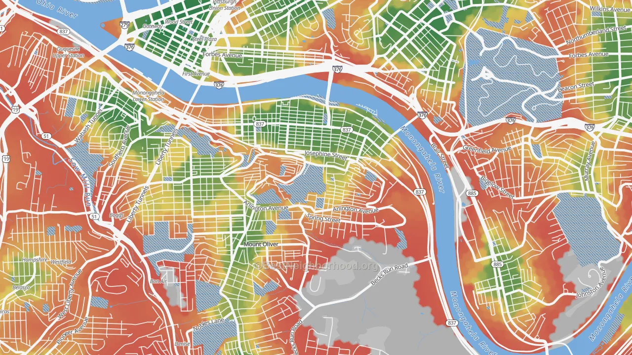 Walk Grade map of Southside Slopes, Pittsburgh, PA, walkable areas in green and car-dependent areas in red