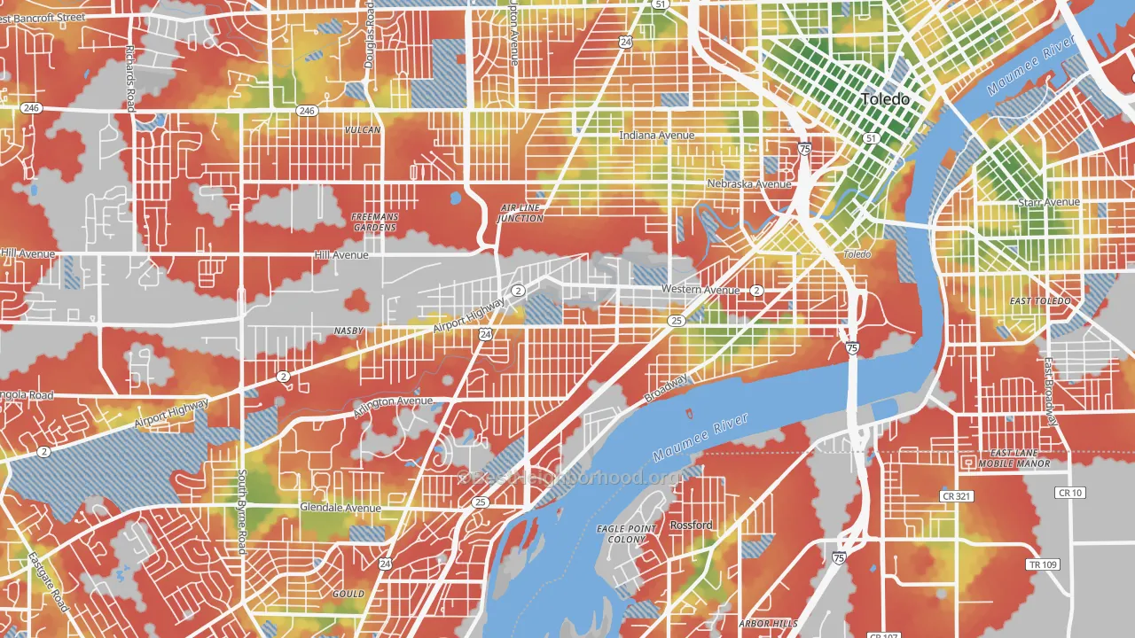 Walk Grade map of Southside, Toledo, OH, walkable areas in green and car-dependent areas in red