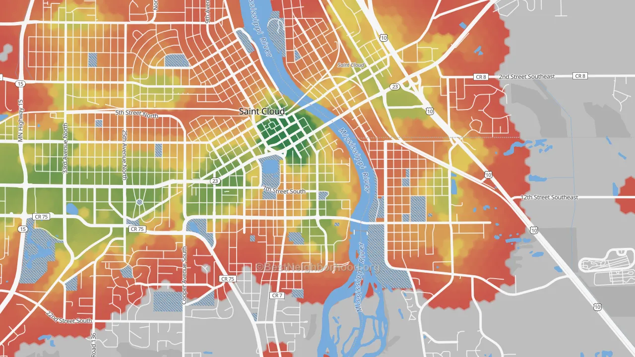 Walk Grade map of Southside University, St. Cloud, MN, walkable areas in green and car-dependent areas in red